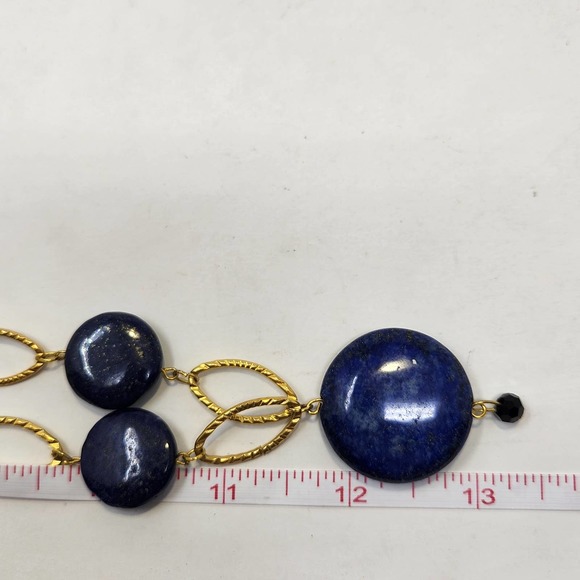 Lapis Lazuli Natural Stone Pendant Gold Tone Oval Chain Link Y Drop Necklace - Picture 6 of 6